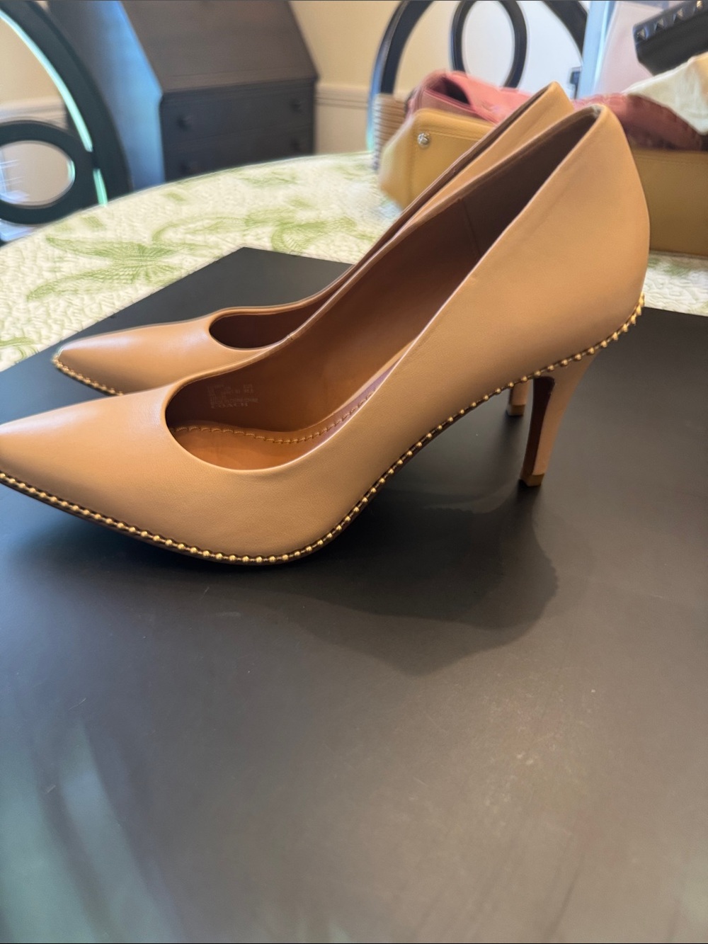 Coach Women's Nude/Tan Pointed Toe Pumps with Gold Stud Trim - Picture 3 of 4